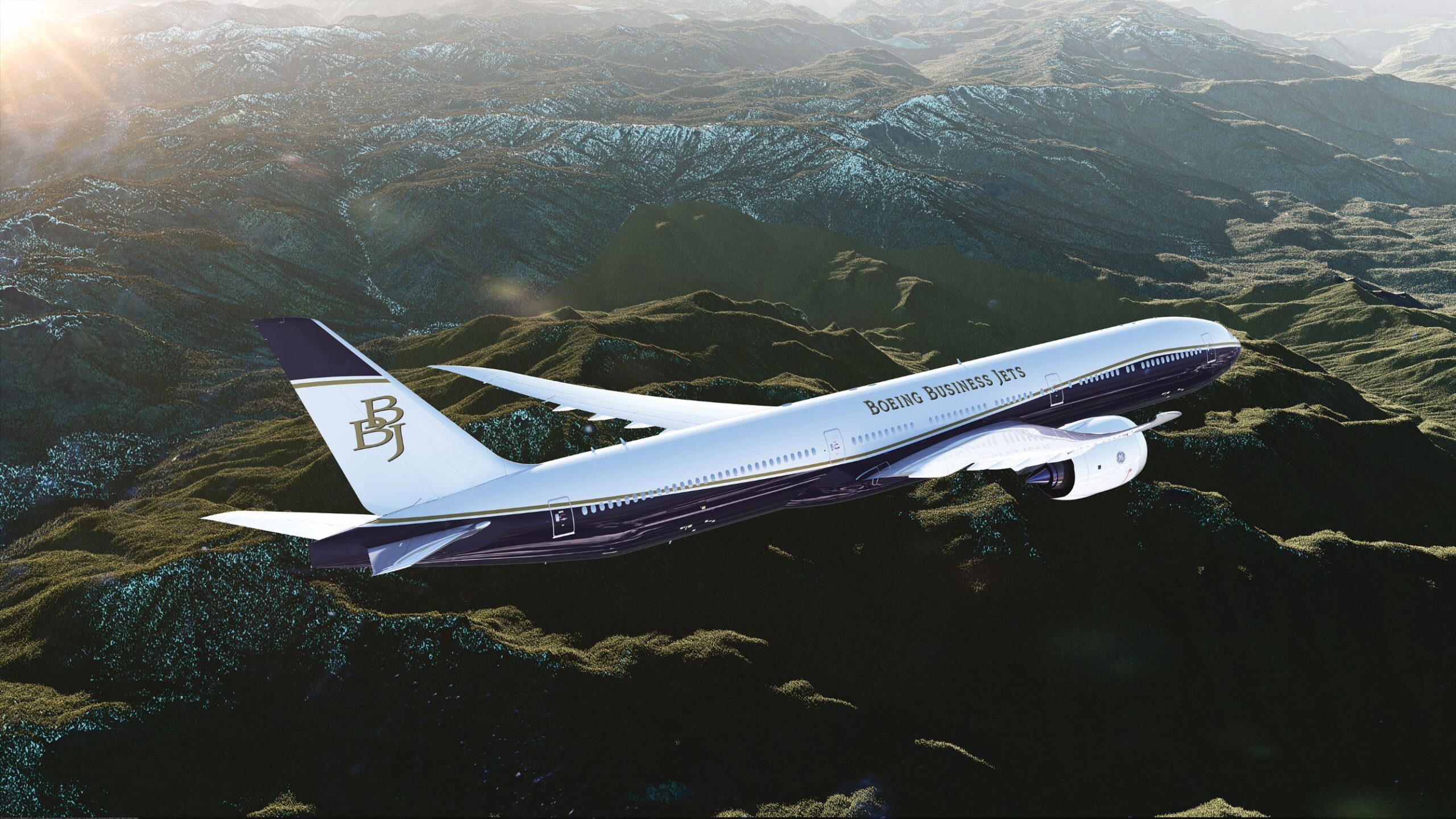 Boeing Business Jet flying mountains