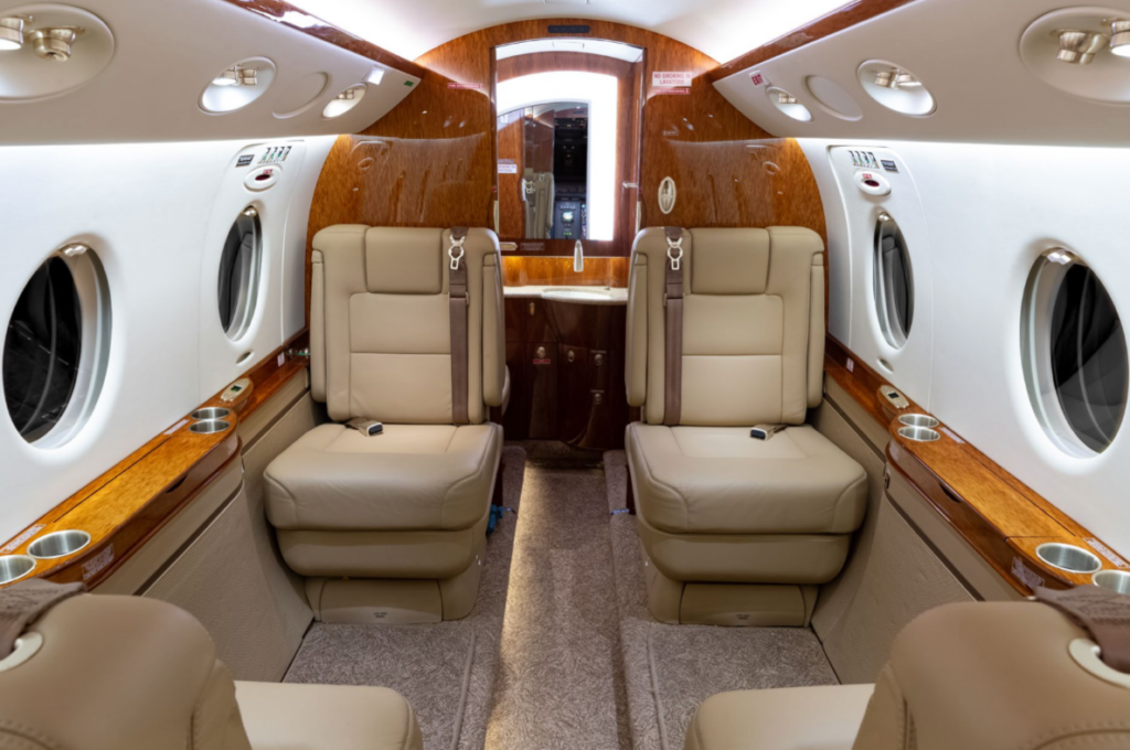 Leather seats in the Interior of a private jet in Miami, Florida