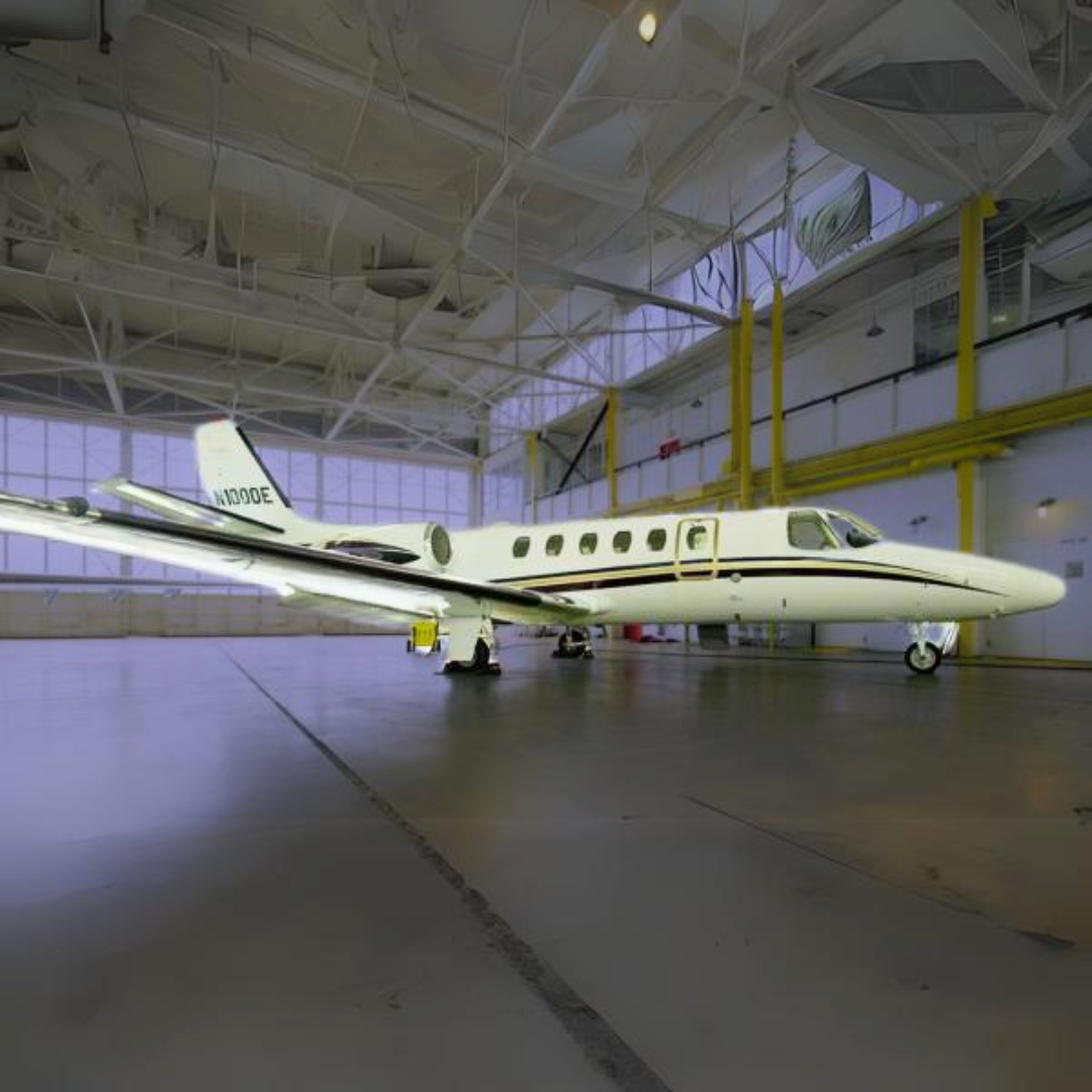 A Cessna 402B in the airport hangar for Noble Air Charter Miami