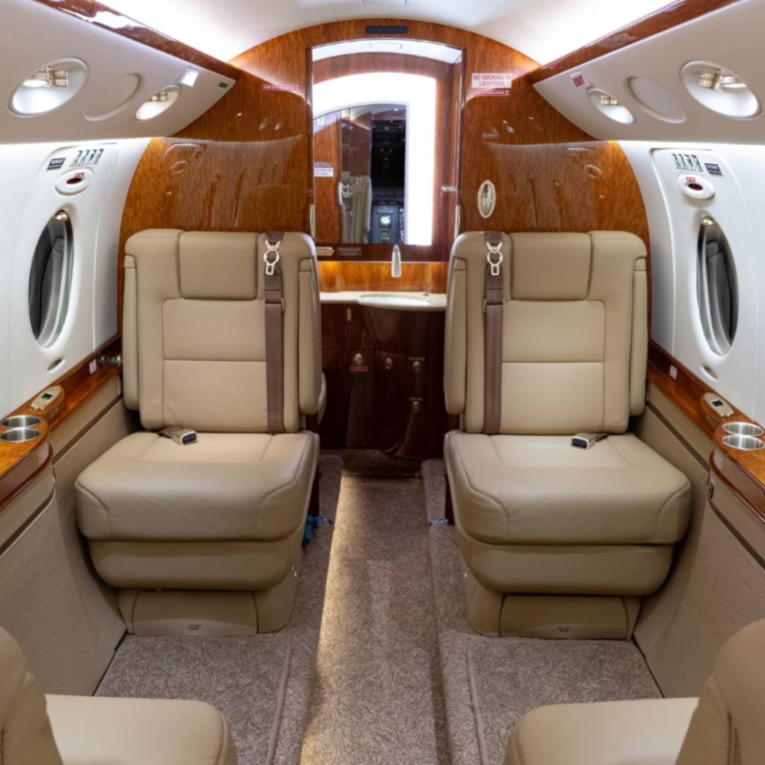 Leather seats in the Interior of a private jet in Miami, Florida