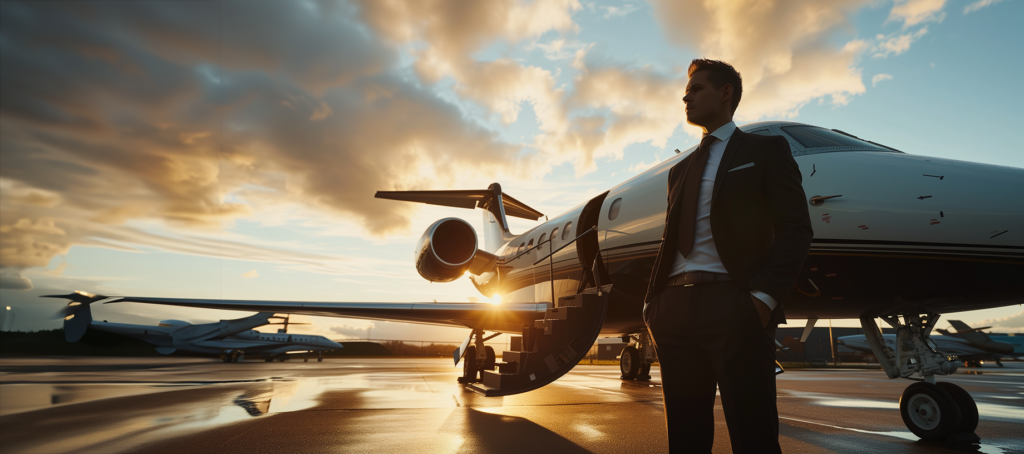 A businessman standing in front of a private jet in Miami for Noble Air Charter