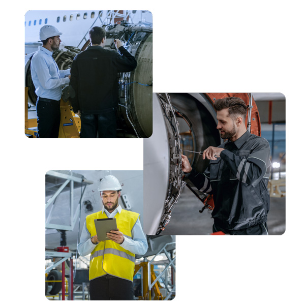 3 images picturing mechanics working on a plane.