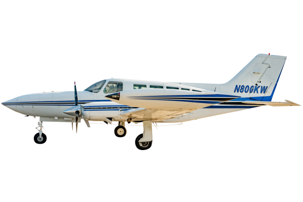 Isolated profile image of a Cessna 402 on white background.